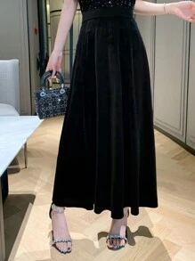DAZY 女士纯色休闲简约日常半身裙，适合新年、秋季和冬季穿着。 - 黑色 - 查看 8