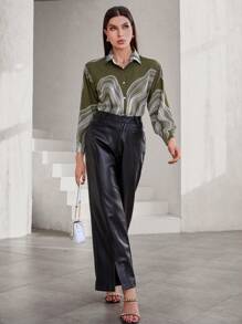 SHEIN Privé 全图案印花翻领前扣休闲长袖衬衫 - 綠色 - 查看 3