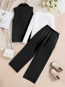 SHEIN 3-Piece Commuter Elegant Set For Teenage Girls: Black Sleeveless Blazer, White T-Shirt, Black Pants