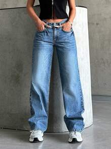 RueChic 100% Cotton Low Waist Wash Detailed Straight Cut Jean