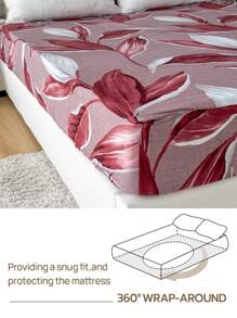 4件套100%涤纶树叶印花床上用品套装（2个枕套+1个床单+1个床笠），现代涤纶床上用品套装，四季皆宜