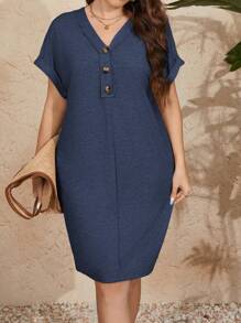 SHEIN LUNE 大码女式夏季纯色纽扣半襟 V 领蝙蝠袖休闲连衣裙 - 藏蓝色 - 查看 5