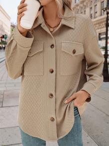 SHEIN LUNE Flap Pocket Drop Shoulder Single-Breasted Casual Travel Spring Autumn Jacket - Khaki - View 3