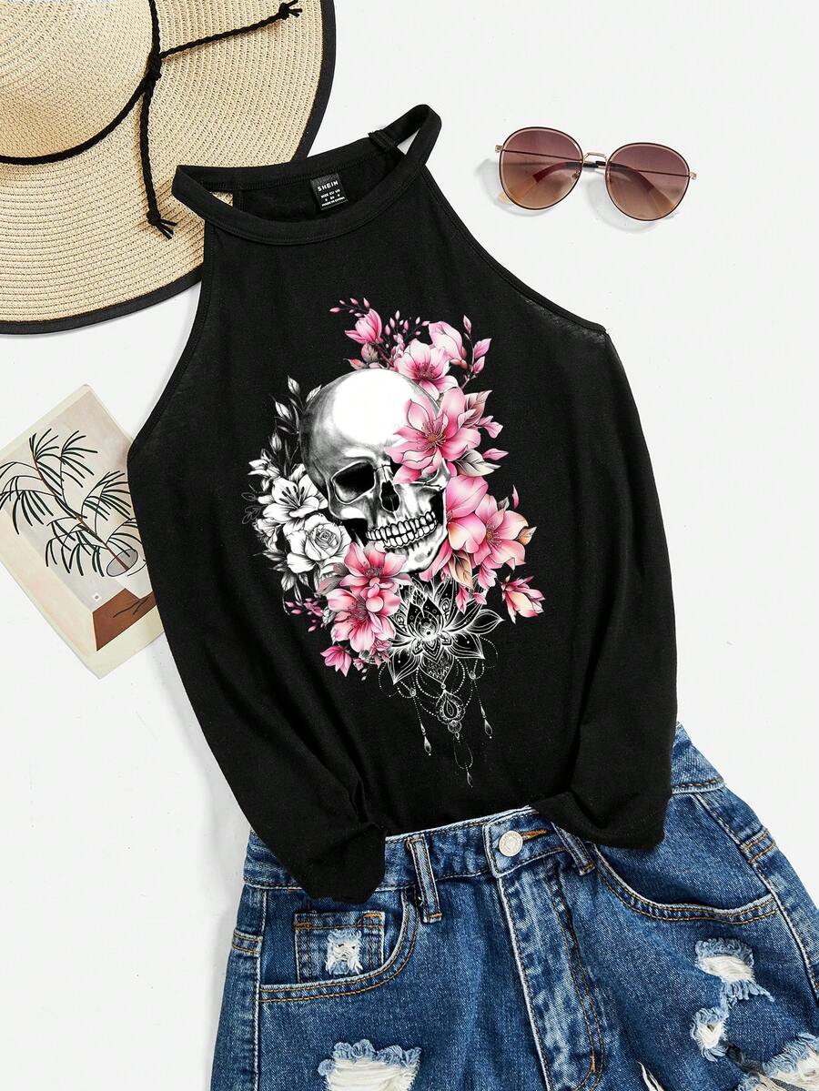 SHEIN Essnce 女士休闲骷髅印花露背吊带背心，适合夏季 - 黑色 - 查看 1