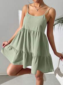 SHEIN EZwear 女士薄荷绿色细肩带露背荷叶边下摆吊带连衣裙 - 薄荷綠 - 查看 6