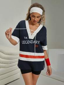 VARSITIE Summer Outdoors & Leisure Basic Print & Drawstring With  Women Sports Sets - Navy Blue - View 4