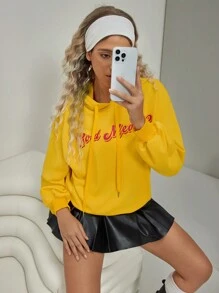VARSITIE 休闲宽松字母印花连帽女式简约徽标印花黄色连帽衫 - 黃色 - 查看 5