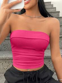 SHEIN EZwear Fuchsia Knitted Seamless Bandeau Top - Hot Pink - View 3