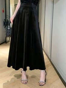 DAZY 女士纯色休闲简约日常半身裙，适合新年、秋季和冬季穿着。 - 黑色 - 查看 3