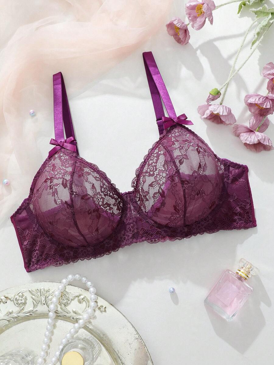 SHEIN مجموعة بليه مع رباط الدانتيل لحمالة الصدر لأحجام كبيرة، ملابس داخلية - الأرجواني - مشاهدة 1