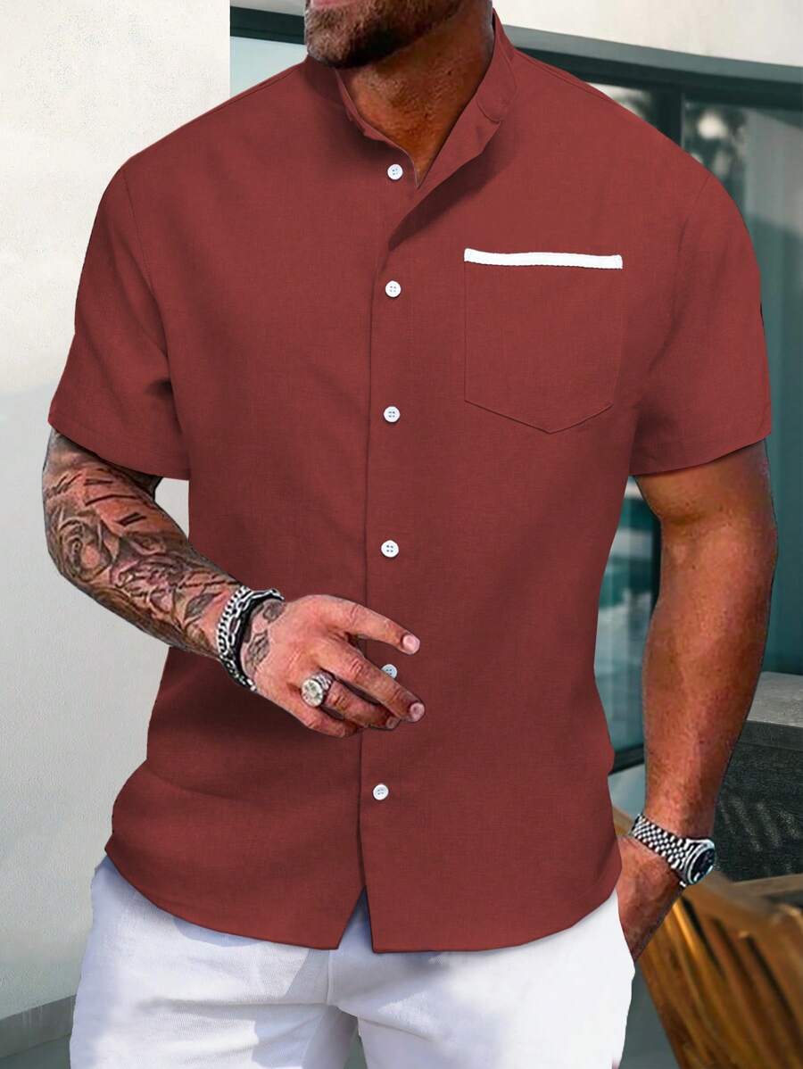 Manfinity Homme Men Plus Size Button Front Pocket Summer Short Sleeve Shirt - Burgundy - View 1