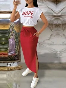 Chiquease 女士夏季短袖圆领字母印花短款上衣和口袋细节中长裙休闲两件套 - 白色 - 查看 4