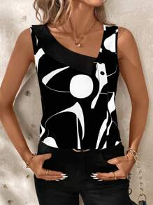 EMERY ROSE Contrast Color V-Neck Sleeveless Summer Shirt - Black and White - View 6