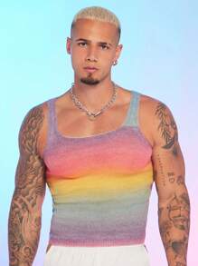 FeverCity Camiseta de tirantes ajustada de punto con degradado arcoíris para hombre, estilo Y2K - Multicolor - Ver 6