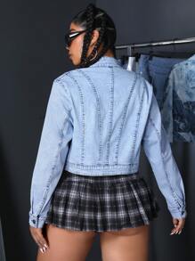 Chaqueta de mezclilla informal de manga larga, lavada, para mujer talla grande, para primavera/otoño - Lavado ligero - Ver 2