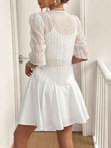 SHEIN Essnce 夏季新款纯白简约休闲泡泡袖 3/4 袖女式衬衫