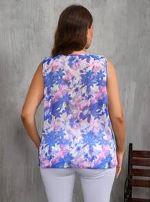 SHEIN Clasi 大码无袖 V 领褶饰花卉流苏印花衬衫，日常休闲 - 彩色 - 查看 2