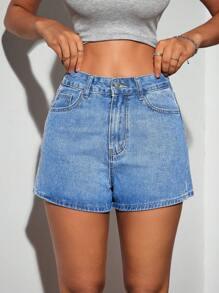 SHEIN Essnce Washed Pocket Detail Solid Denim Shorts - Medium Wash - View 6
