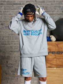 Manfinity Sport Corelite 男友风男士春秋字母印花运动卫衣短裤休闲套装 - 灰色学院风男士短裤套装健身套装 - 灰色 - 查看 7