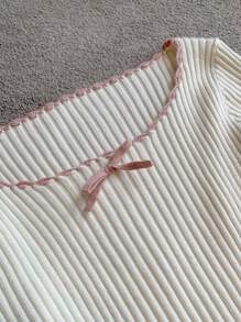 DAZY Women's Solid Minimalist Everyday Bow Accent Patchwork Pullover Sweater,Fall Clothes - Beige - View 8