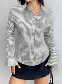 Flirla Áo sơ mi sọc dài tay ôm vừa vặn cho nữ, áo dài tay - Nhiều màu - Xem 4