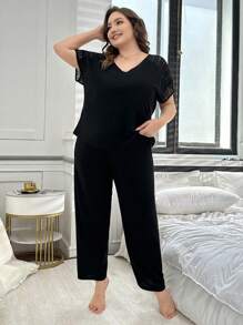 大码休闲镂空蕾丝拼布短袖睡衣套装