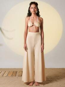 JACOBO SIN A Designer Women's Solid High Waist Casual Wide Leg Pants, Cotton, Holiday