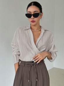 DAZY 女士纯色简约长袖衬衫 - 卡其色 - 查看 5