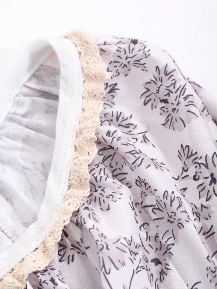 Floral Lace Ruched Detail Loose Nightgown Pajama