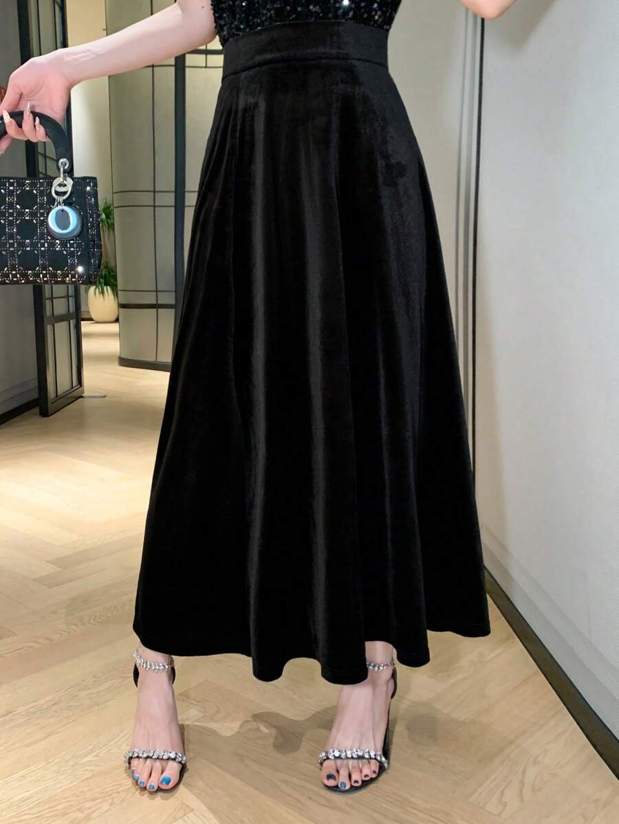 DAZY 女士纯色休闲简约日常半身裙,适合新年、秋季和冬季穿着。 - 黑色 - 查看 1