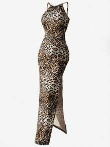 Chiquease Vestido largo con cuello de halter de estampado de leopardo y abertura lateral para mujer - Multicolor - Ver 3