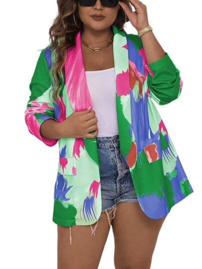 SHEIN Holidaya 大码休闲撞色印花披肩领西装外套，春秋装