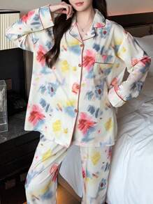 女士彩色长袖上衣和裤子睡衣套装（2件套），春秋季，两件套，秋冬服装