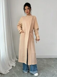 Chiquease 女士休闲宽松系带腰部可调节飘逸长款开衫 - 卡其色 - 查看 4