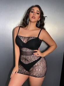 Allurite Conjunto de lencería sexy de talla grande, vestido mini ajustado sin espalda de encaje tipo bandeau