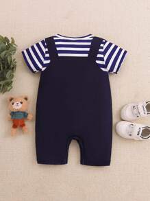 SHEIN Playful Pals 男婴可爱恐龙刺绣贴布条纹拼接吊带连体裤春夏 - 藏蓝色 - 查看 2