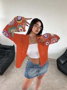 Flirla Cardigan aperto all uncinetto a fiori taglie comode per donne