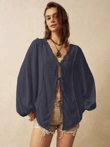 Bohemela Áo sơ mi nữ có dây buộc đi nghỉ mát - Xanh đậm - Xem 5