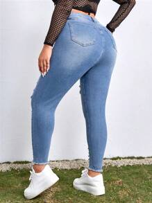 SHEIN ICON Plus Size Front Button Closure Multi-Pocket Distressed Frayed Edge Stretchy Skinny Jeans - Light Wash - View 2