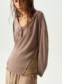 Bohemela Women's V-Neck Raglan Sleeve Patchwork T-Shirt - Camel - View 4