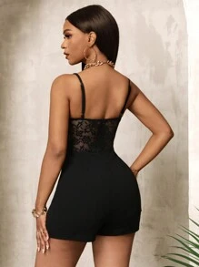 BamGleam Women's Lace Patchwork Casual Solid Color Slim Fit Jumpsuit With Spaghetti Straps - Black - View 2