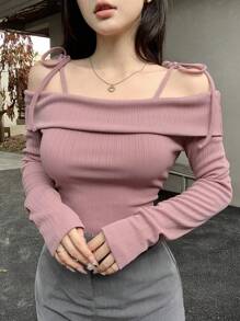 DAZY 女士露肩系带长袖休闲柔软T恤，秋季服装 - 粉色 - 查看 7