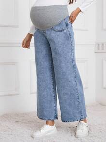 SHEIN 孕妇纽扣腰带休闲直筒宽松舒适时尚牛仔裤 - 中等水洗藍 - 查看 6