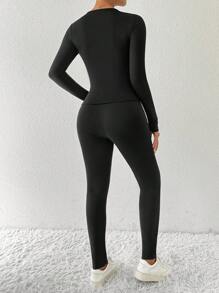 RosyDaze 2pcs Thick & Thermal Lined Women Thermal Long Sleeve Top And Pants Set