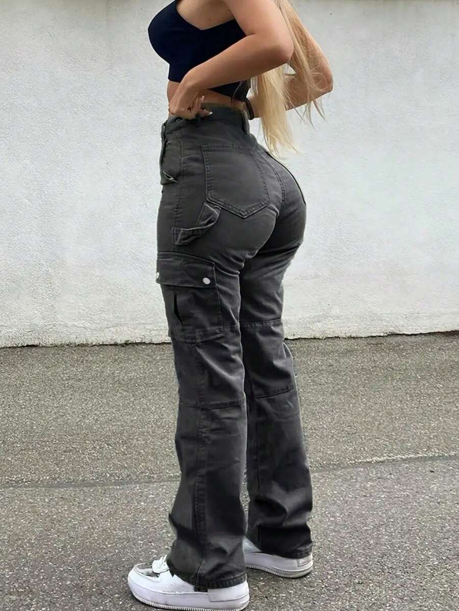 NVFelix New Retro Y2K Cargo Pants For Women - Stretch Flap Pocket Design, Streetwear Style (Fall Clothes) - 深灰色 - 查看 1