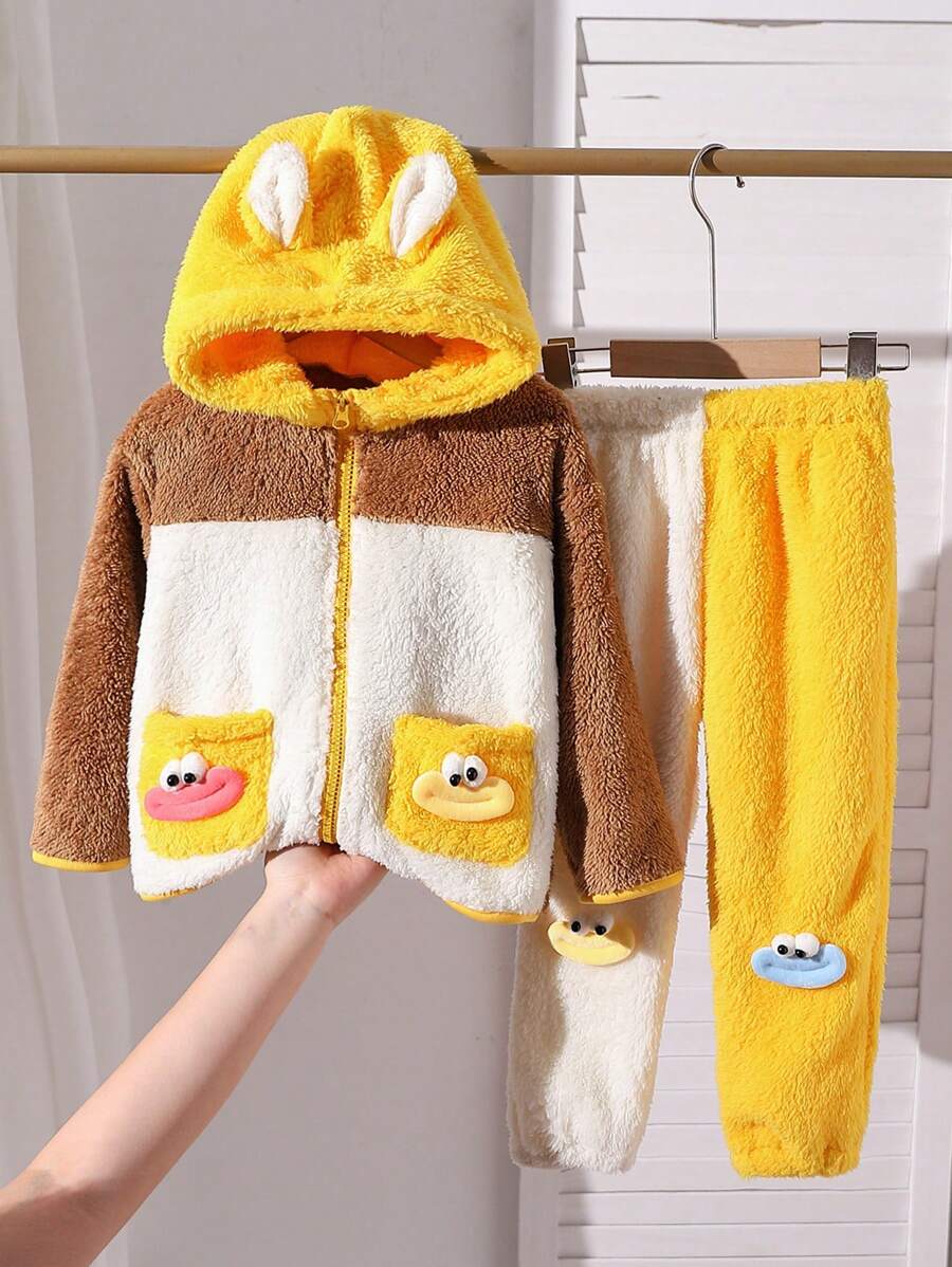 Bộ 2 món Áo khoác trùm đầu sang trọng có túi tai + Quần dài thêu hoạt hình đến đầu gối cho bé gái mới biết đi, trang phục dày dặn ấm áp nối 3 màu cho mùa thu đông, thích hợp mặc thường ngày, dự tiệc, đi học, quà sinh nhật, dã ngoại - Nhiều màu - Xem 1