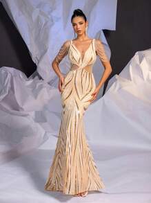 SHEIN Belle Elegant & Luxurious Champagne Apricot V-Neck Bustier Mesh Splice Side Net Hollow Waist Slim Handwork Beaded Tassel Decor Open Back Positioned Pearl Accented Short Train Party, Graduation, Wedding Formal Gown - Apricot - View 5