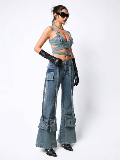 Grunge Punk Jeans évasés à la taille basse avec poches, tenue de travail ajustée, scolaire