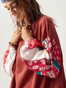 Bohemela Women's Round Neck Long Sleeve Vacation Graphic Loose Casual T-Shirt, Fall - Red - View 1