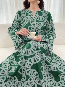 Yasmyna Women's Elegant Simple Printed Long Sleeve Casual Modest Arabian Dress Kaftan Jalabiya Dress - Green - View 4